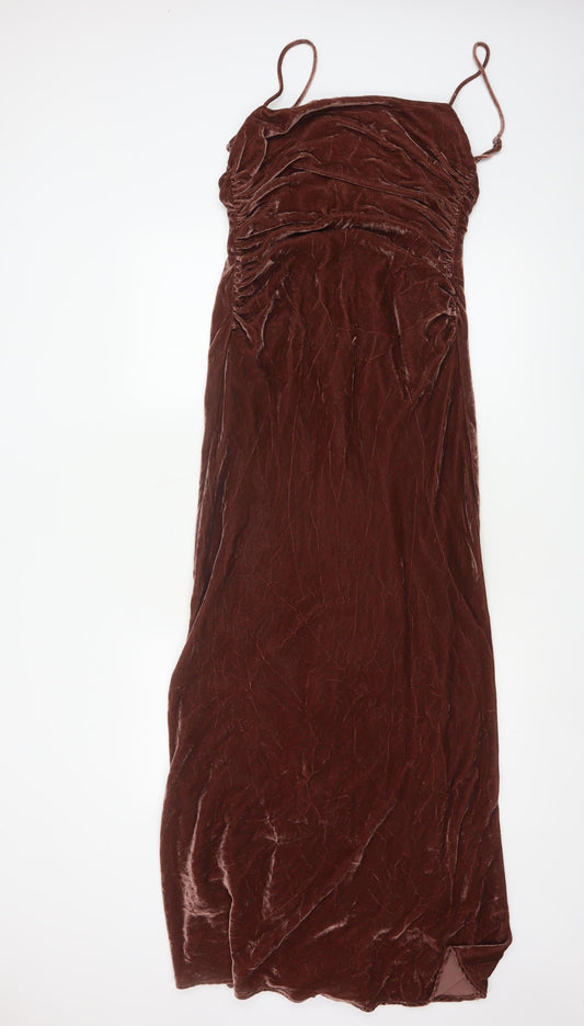 ZARA Women Brown Velvet Long Slip Dress Size 12 Ruched Stretch
