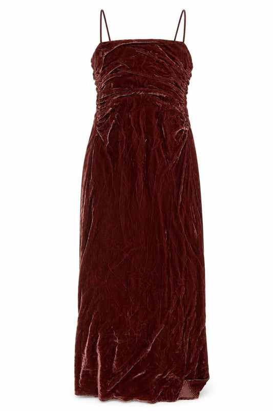 ZARA Women Brown Velvet Long Slip Dress Size 12 Ruched Stretch