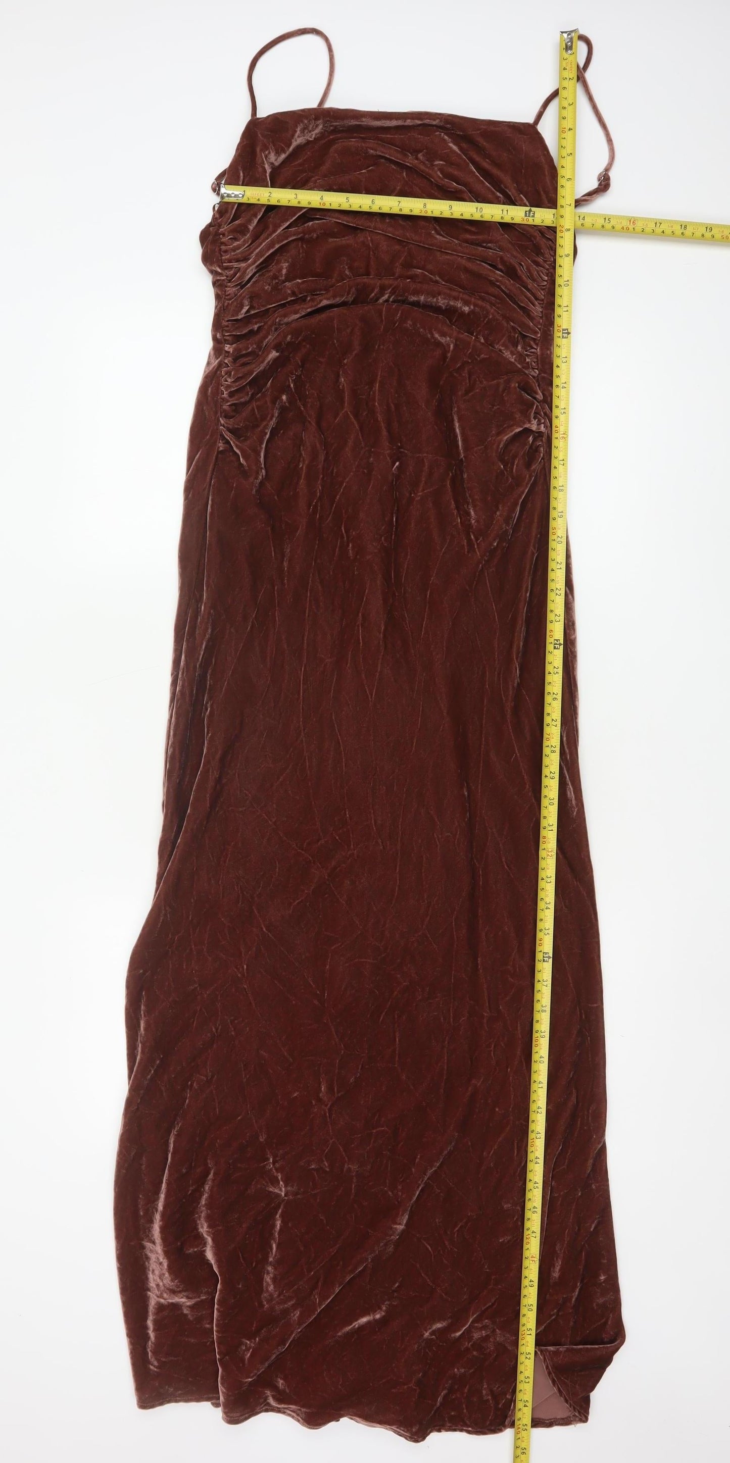 ZARA Women Brown Velvet Long Slip Dress Size 12 Ruched Stretch