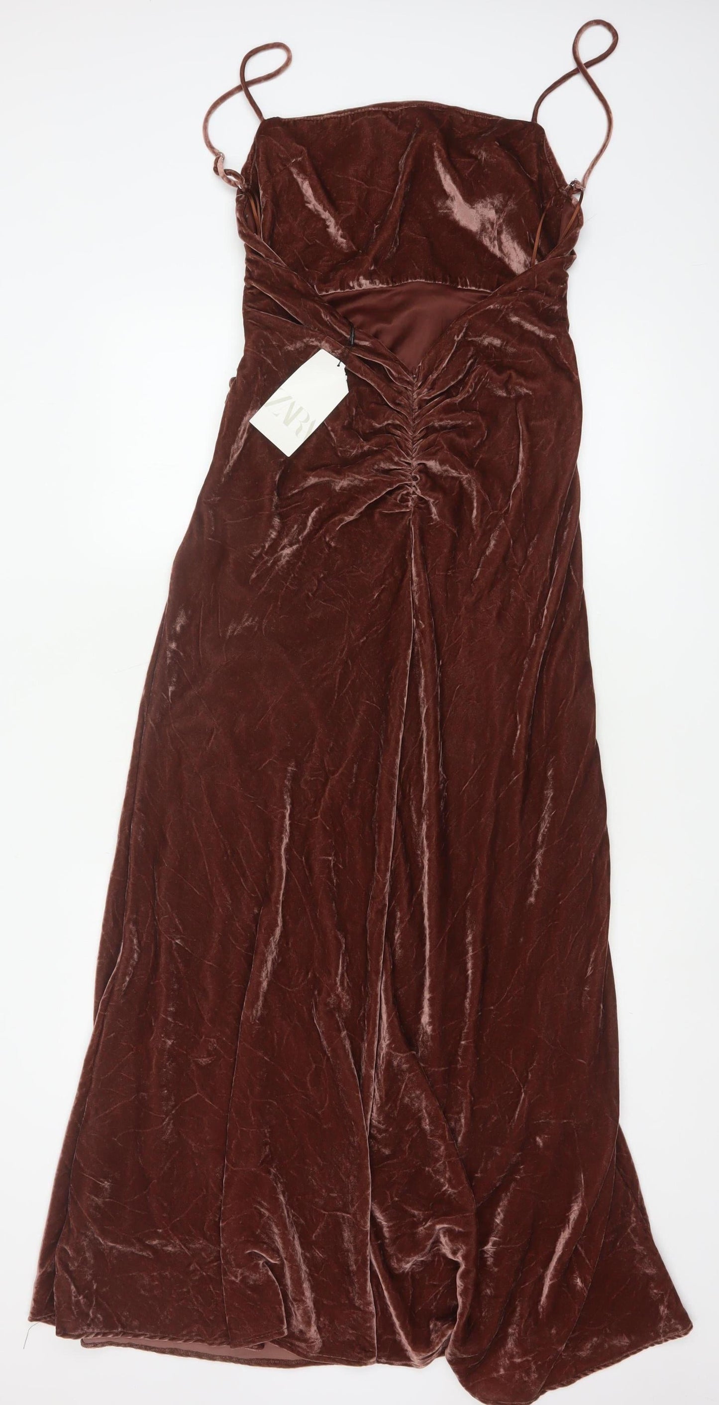 ZARA Women Brown Velvet Long Slip Dress Size 12 Ruched Stretch