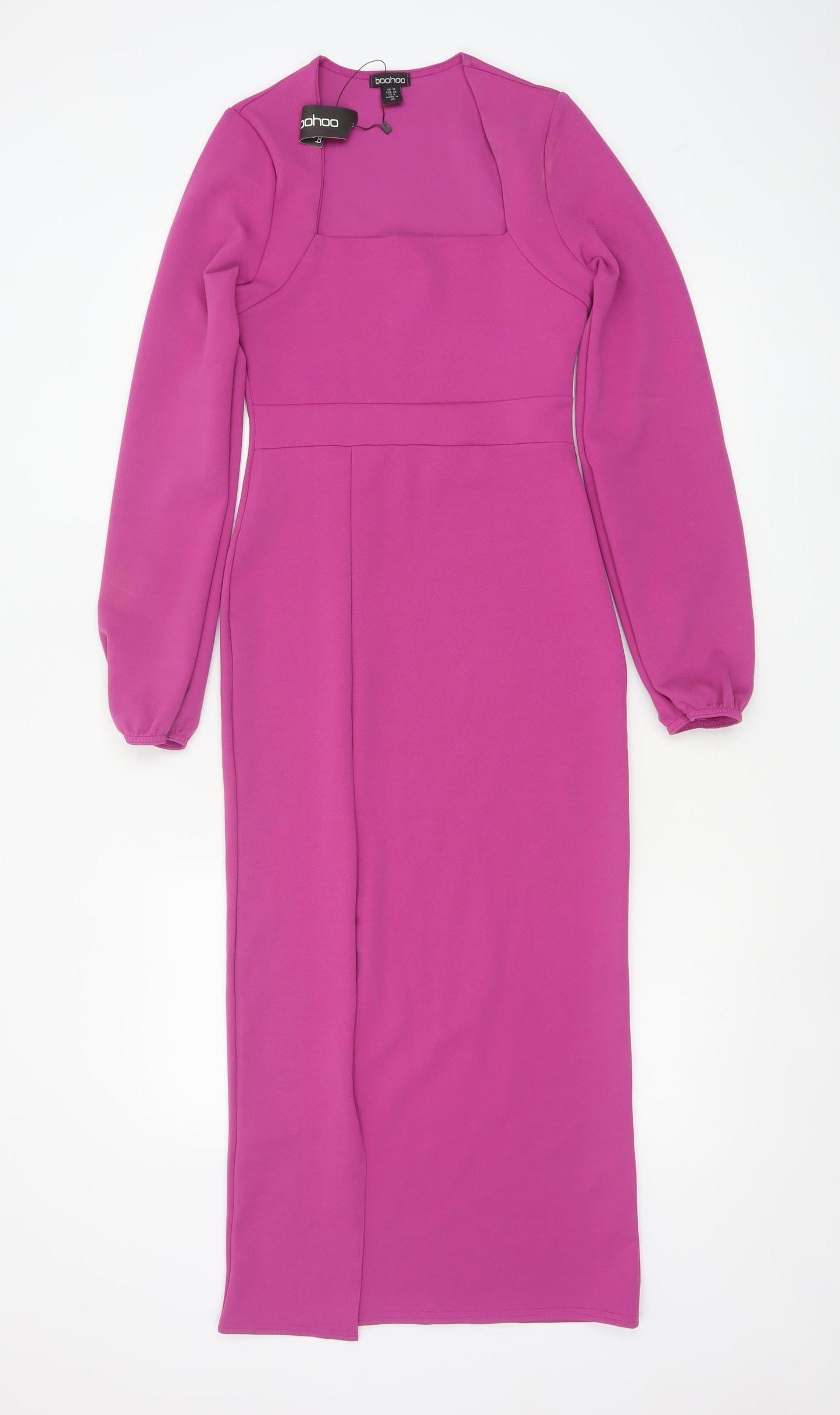 Boohoo Women Pink Midi Bodycon Dress Size 10 Long Sleeve Square Neck