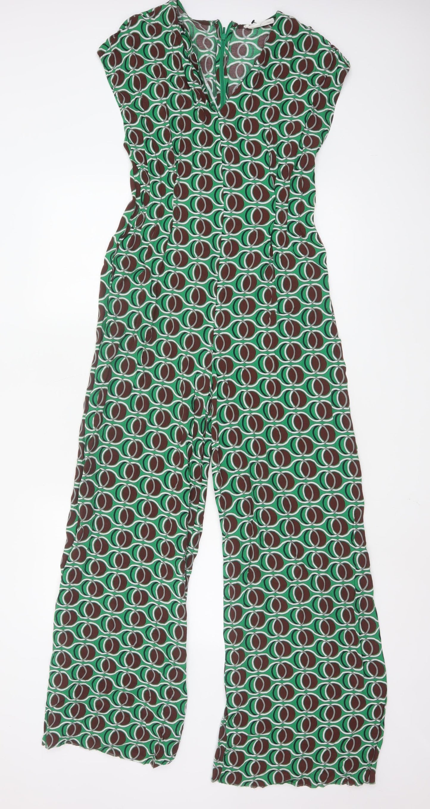 MNG Women's Green Geometric Wide-Leg Jumpsuit Size M V-Neck Zip Back