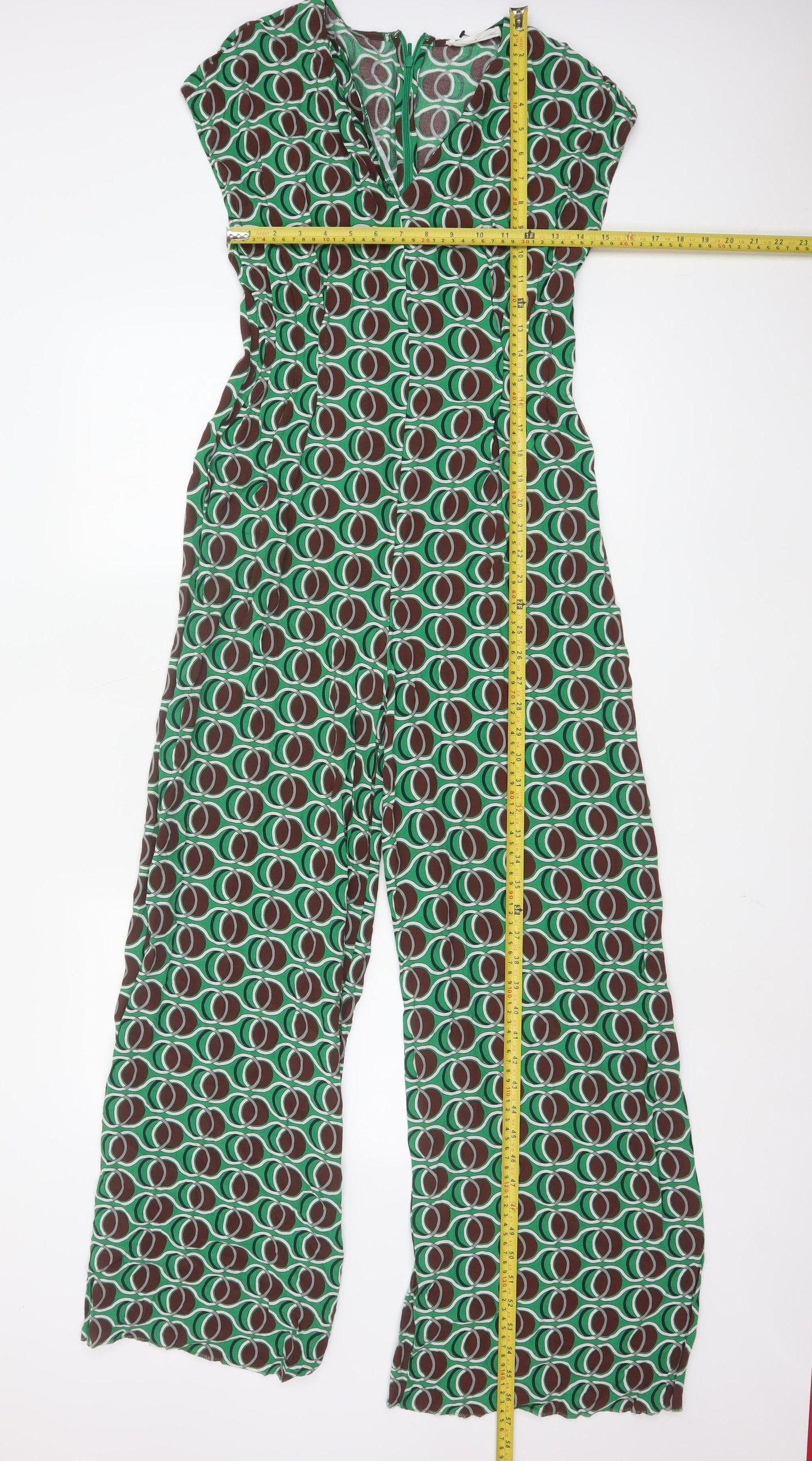 MNG Women's Green Geometric Wide-Leg Jumpsuit Size M V-Neck Zip Back