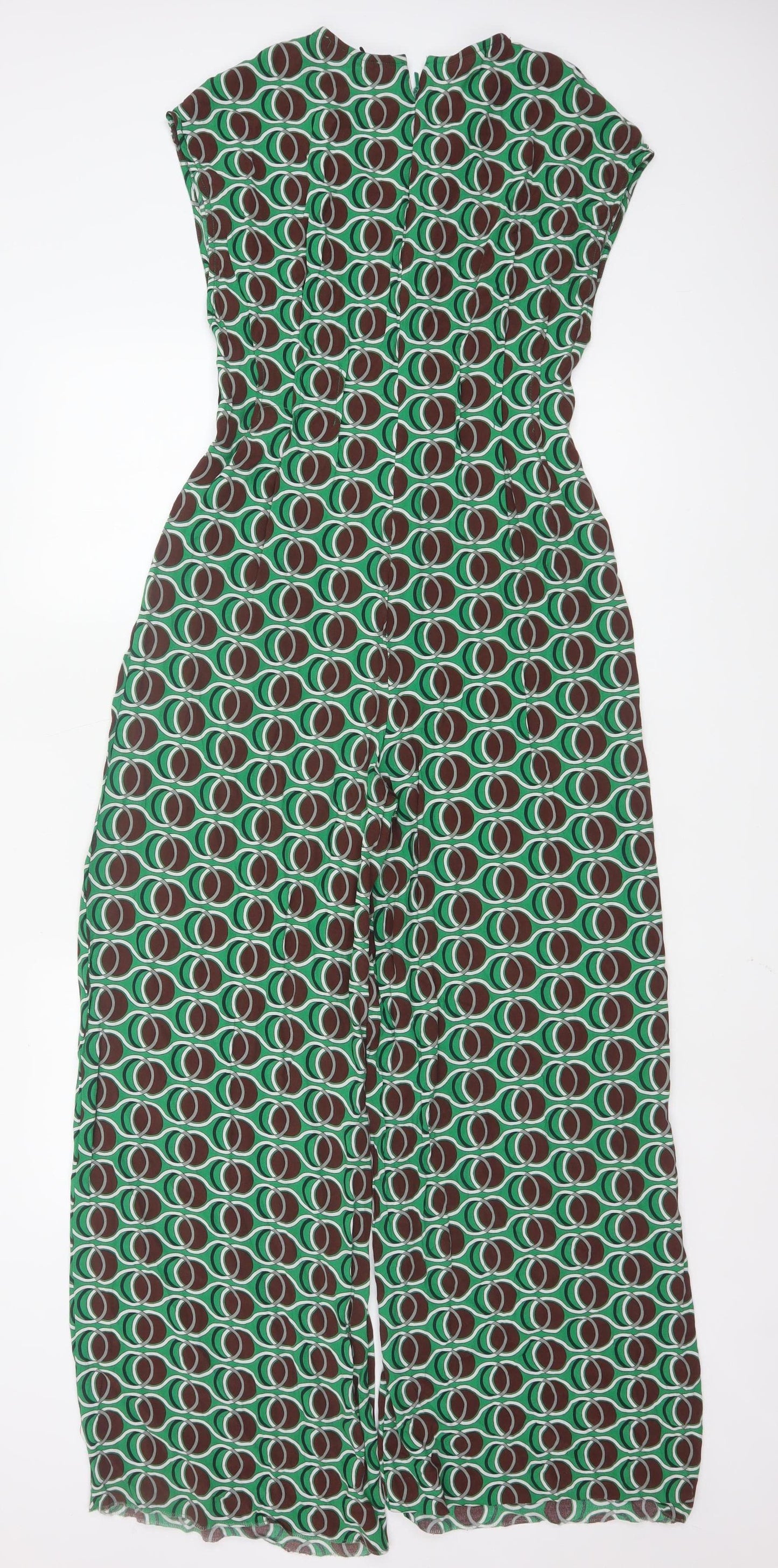 MNG Women's Green Geometric Wide-Leg Jumpsuit Size M V-Neck Zip Back