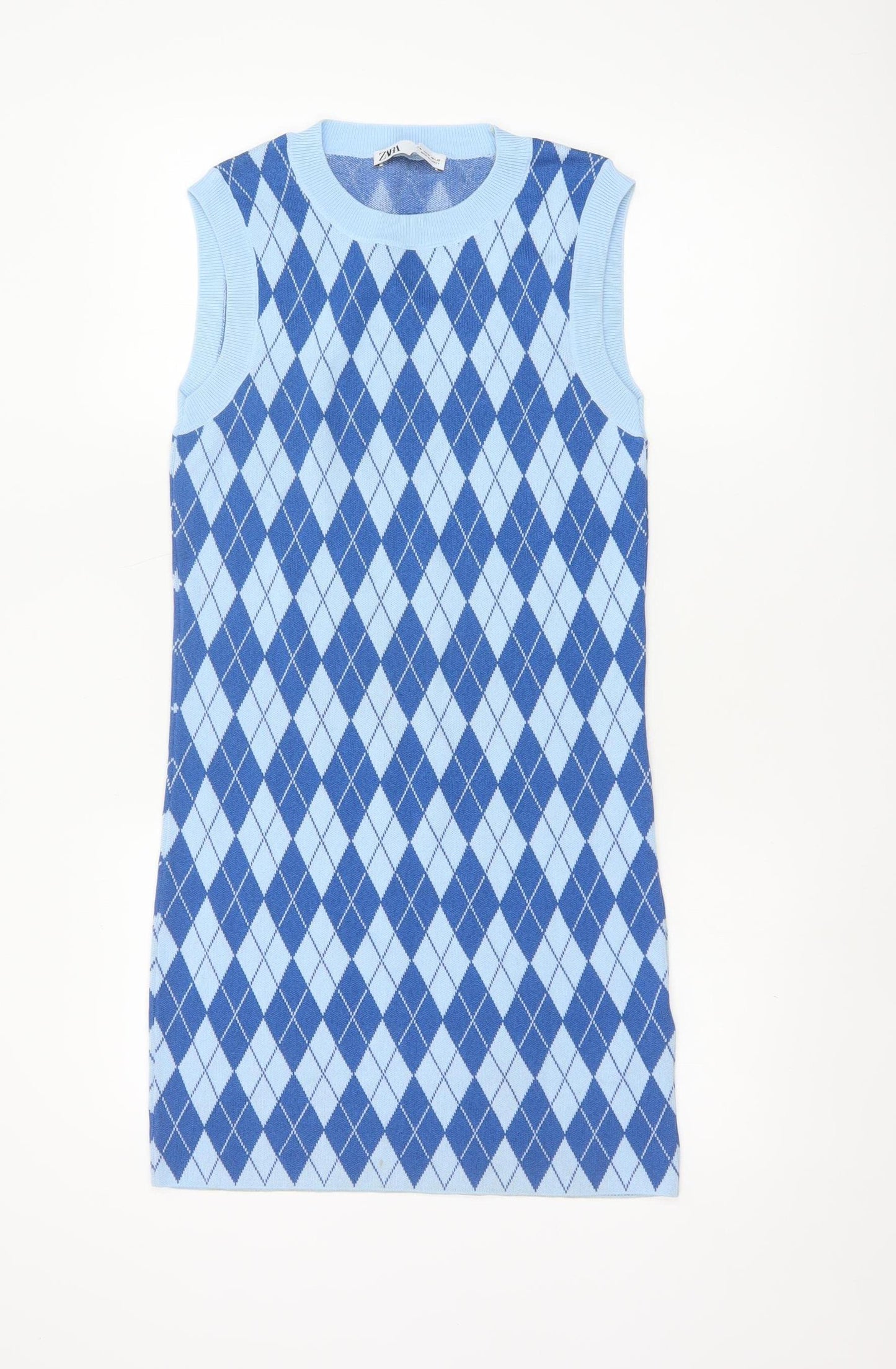 Zara Women’s Blue Argyle Knit Sleeveless Mini Shift Dress Size 12
