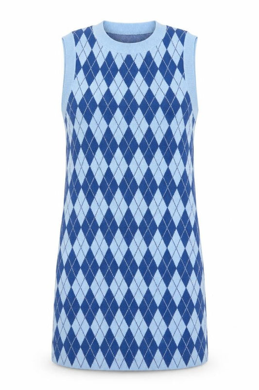 Zara Women’s Blue Argyle Knit Sleeveless Mini Shift Dress Size 12