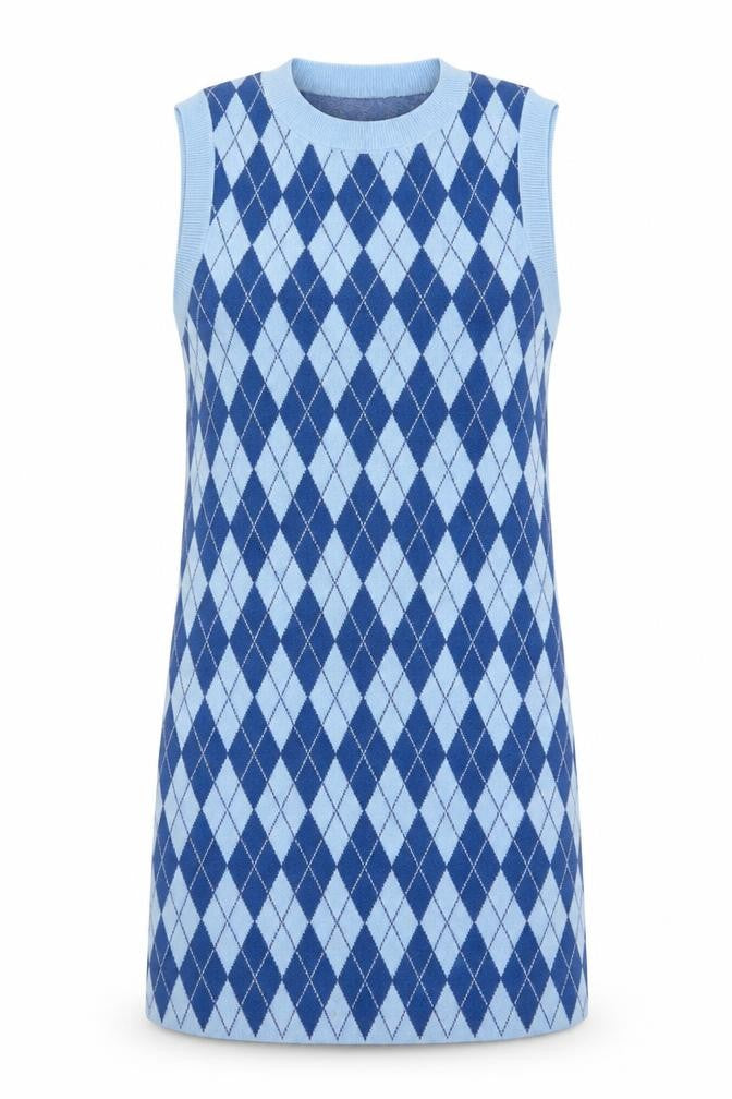 Zara Women’s Blue Argyle Knit Sleeveless Mini Shift Dress Size 12