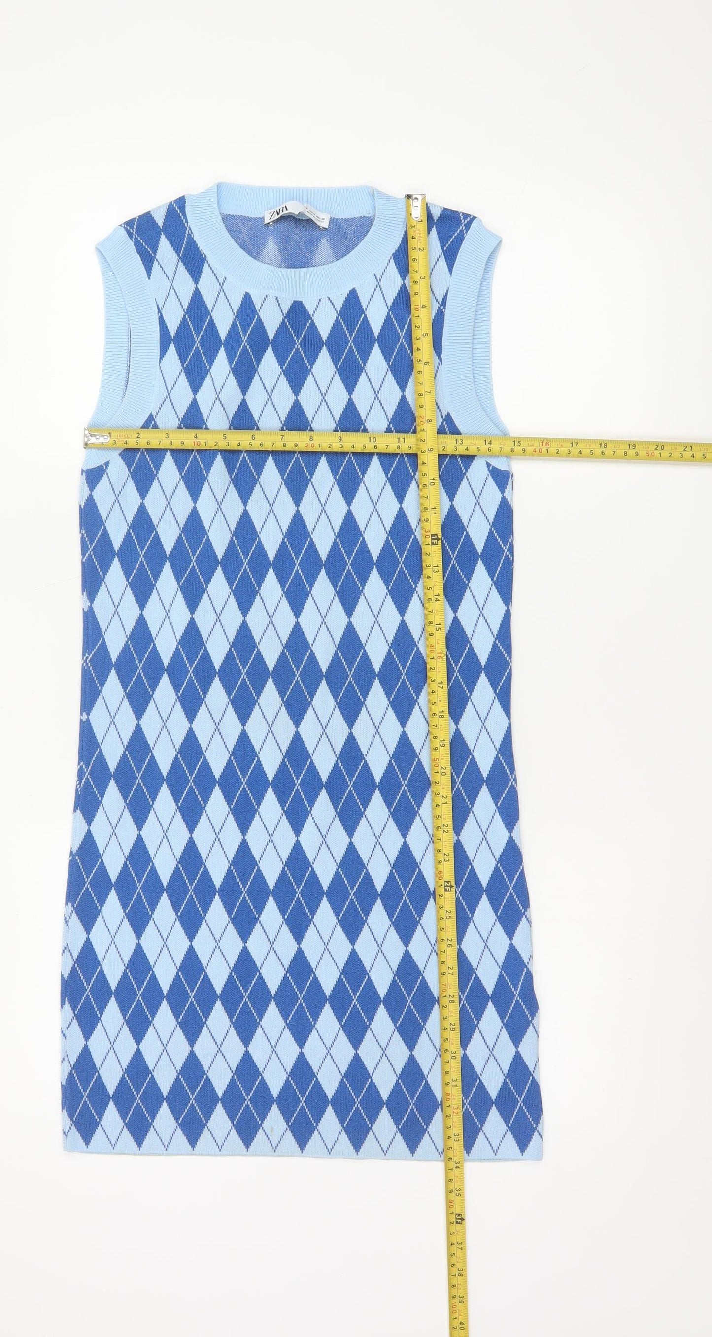 Zara Women’s Blue Argyle Knit Sleeveless Mini Shift Dress Size 12
