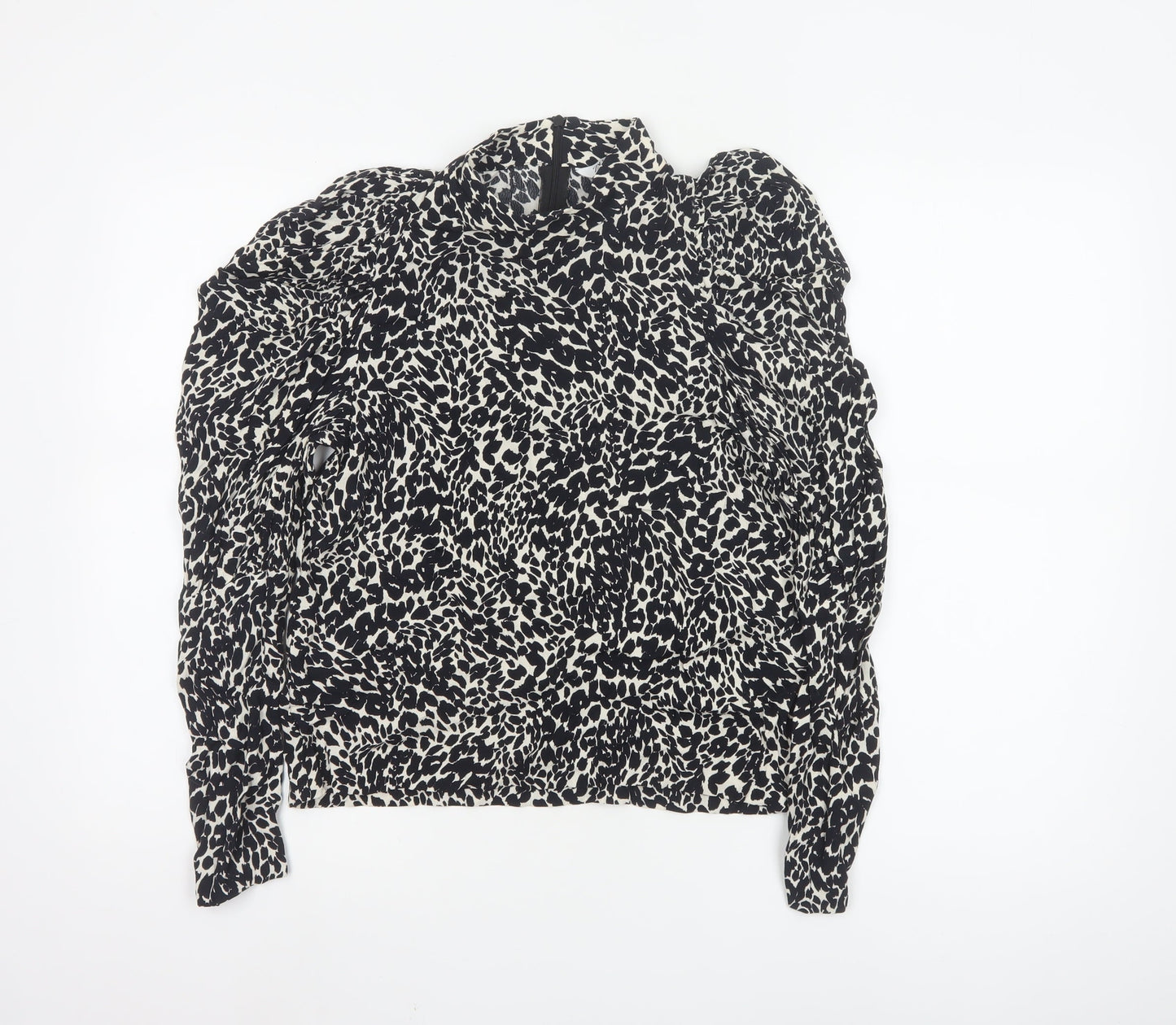 Zara Womens Black Animal Print High Neck Puff Sleeve Blouse XS