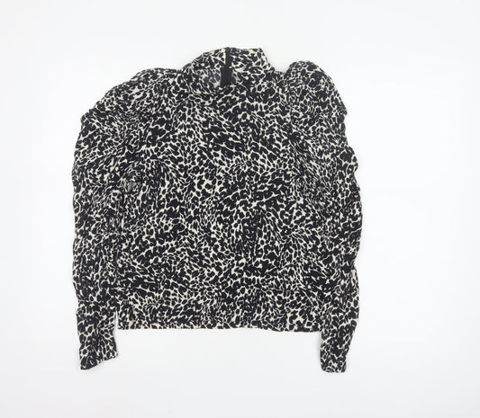 Zara Womens Black Animal Print High Neck Puff Sleeve Blouse XS