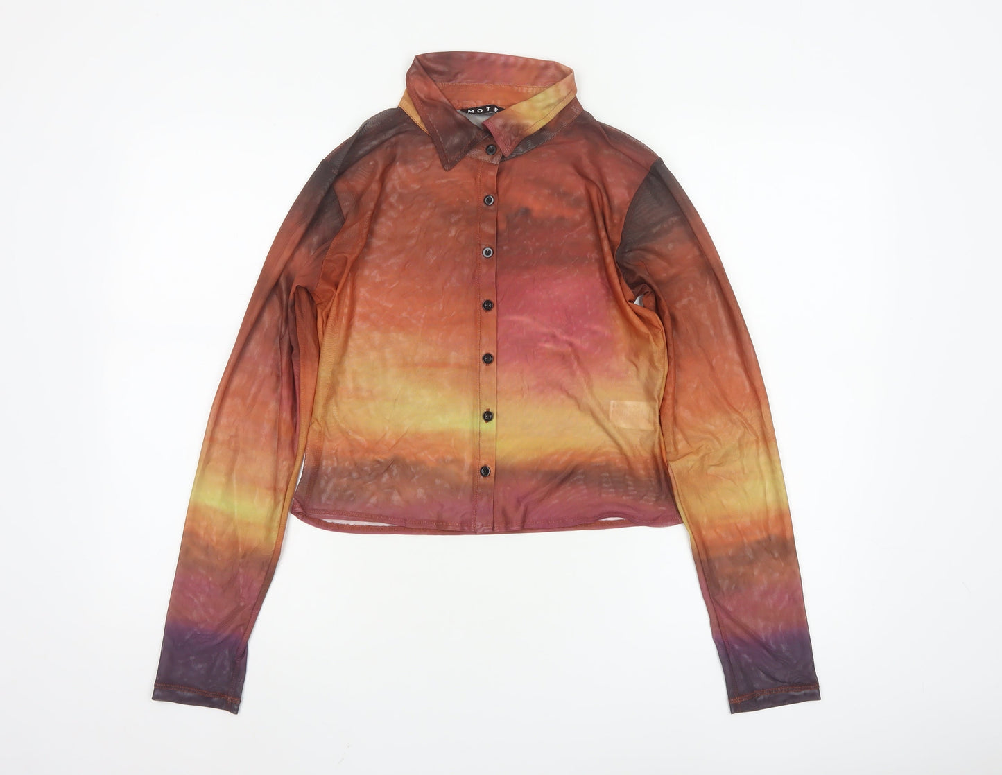 Motel Womens Multicoloured Mesh Collared Cropped Button-Up Shirt L