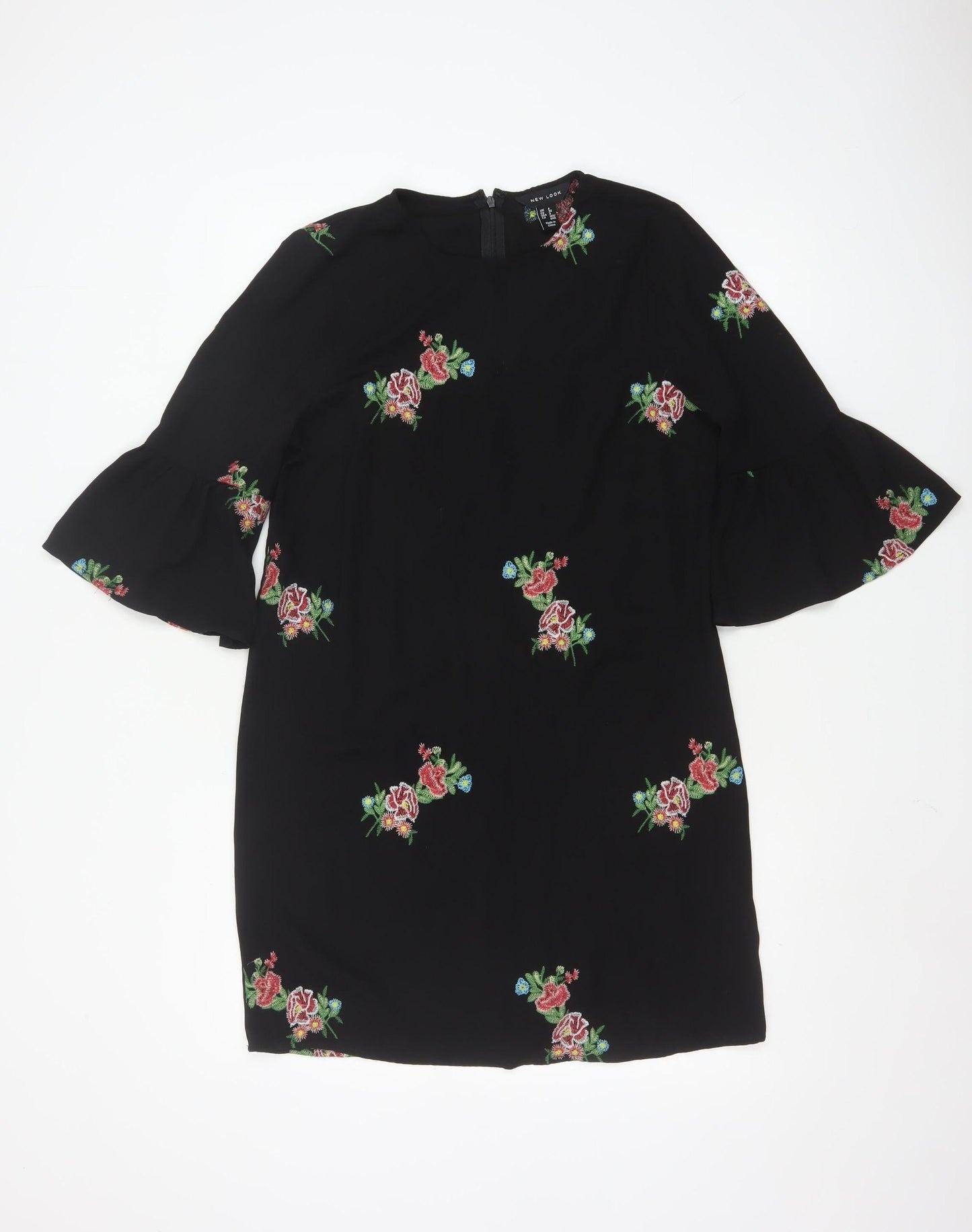New Look Women Black Floral Embroidered Shift Dress Size 8