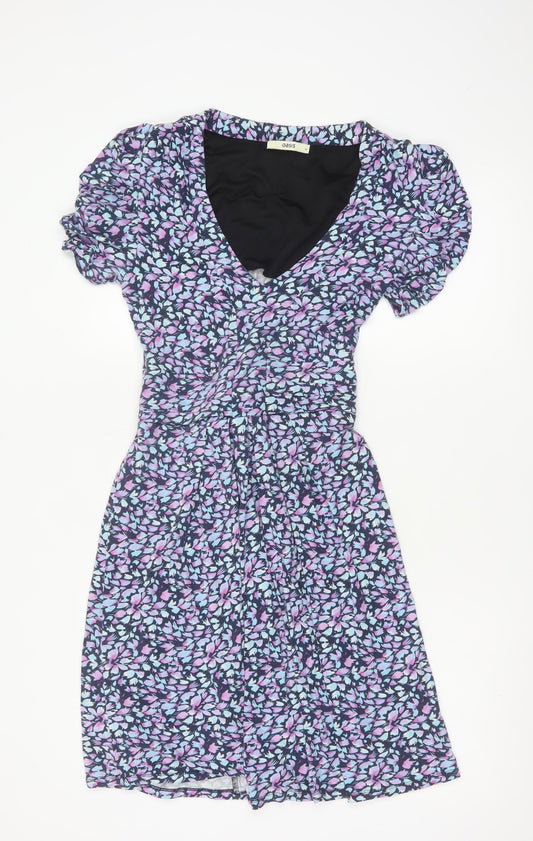 Oasis Women’s Blue Floral Wrap Dress Short Sleeve Size M