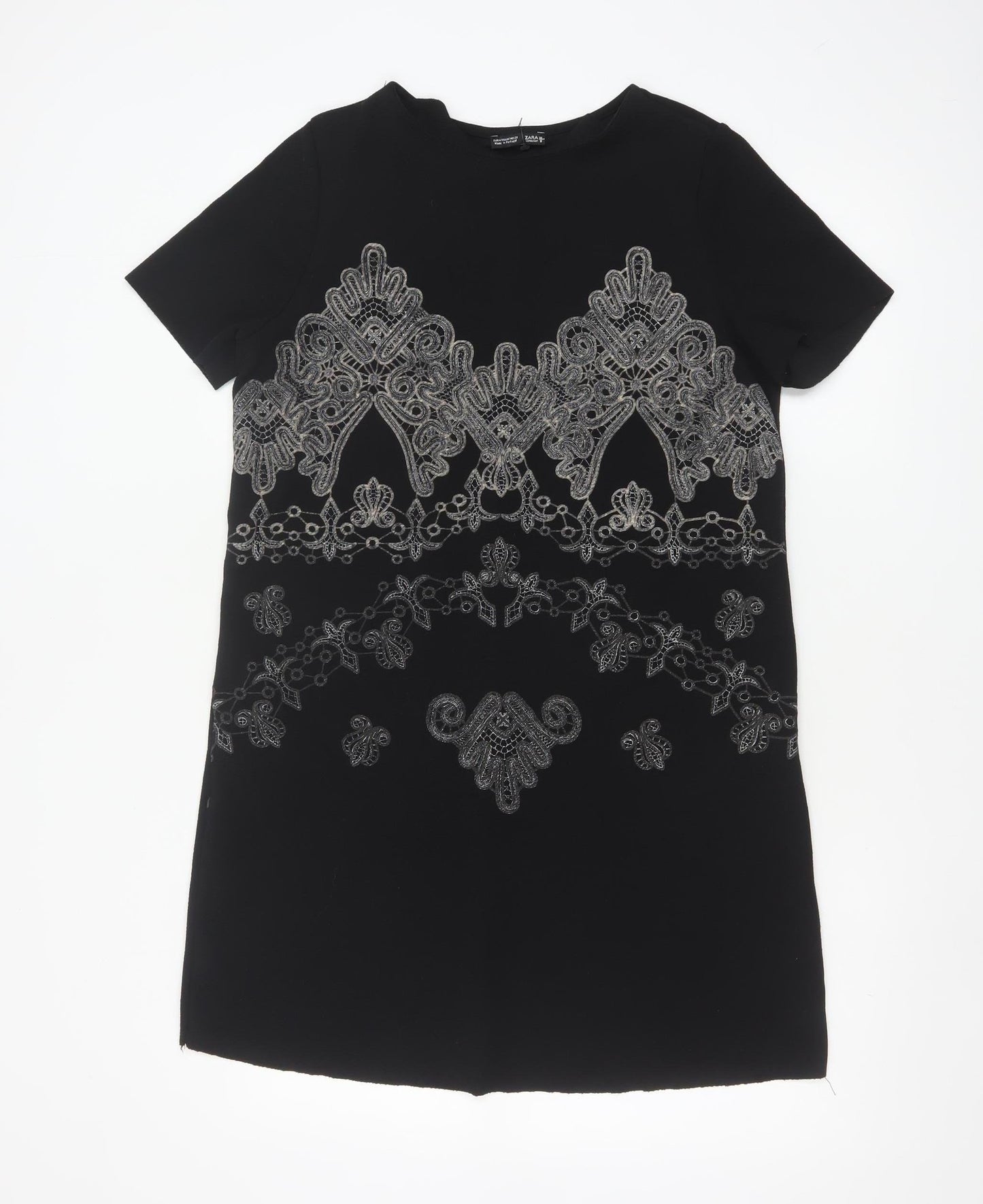 Zara Women Black Embroidered Shift Dress Size 10 Short Sleeve