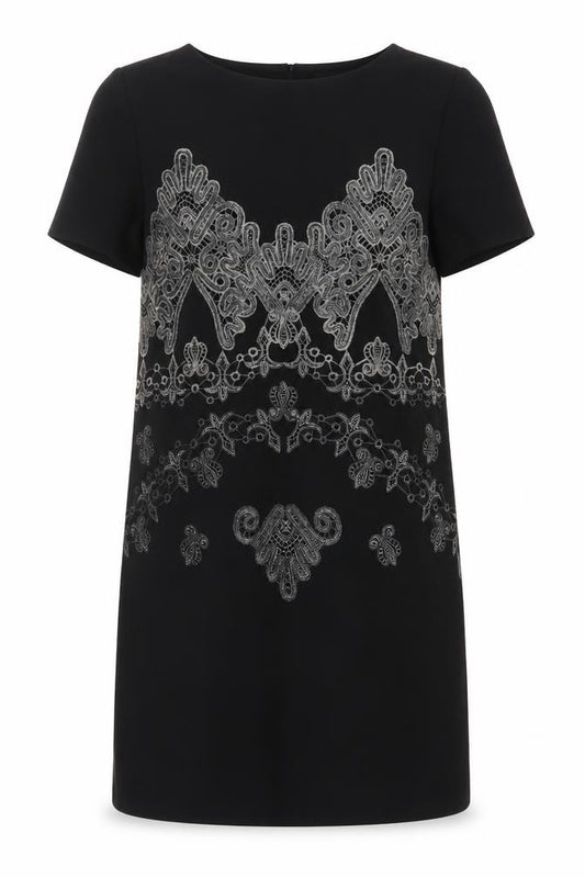Zara Women Black Embroidered Shift Dress Size 10 Short Sleeve