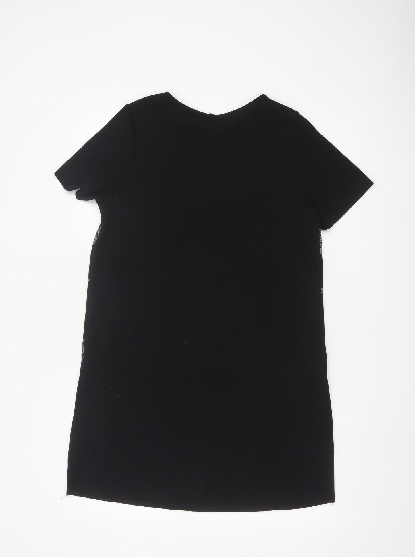 Zara Women Black Embroidered Shift Dress Size 10 Short Sleeve