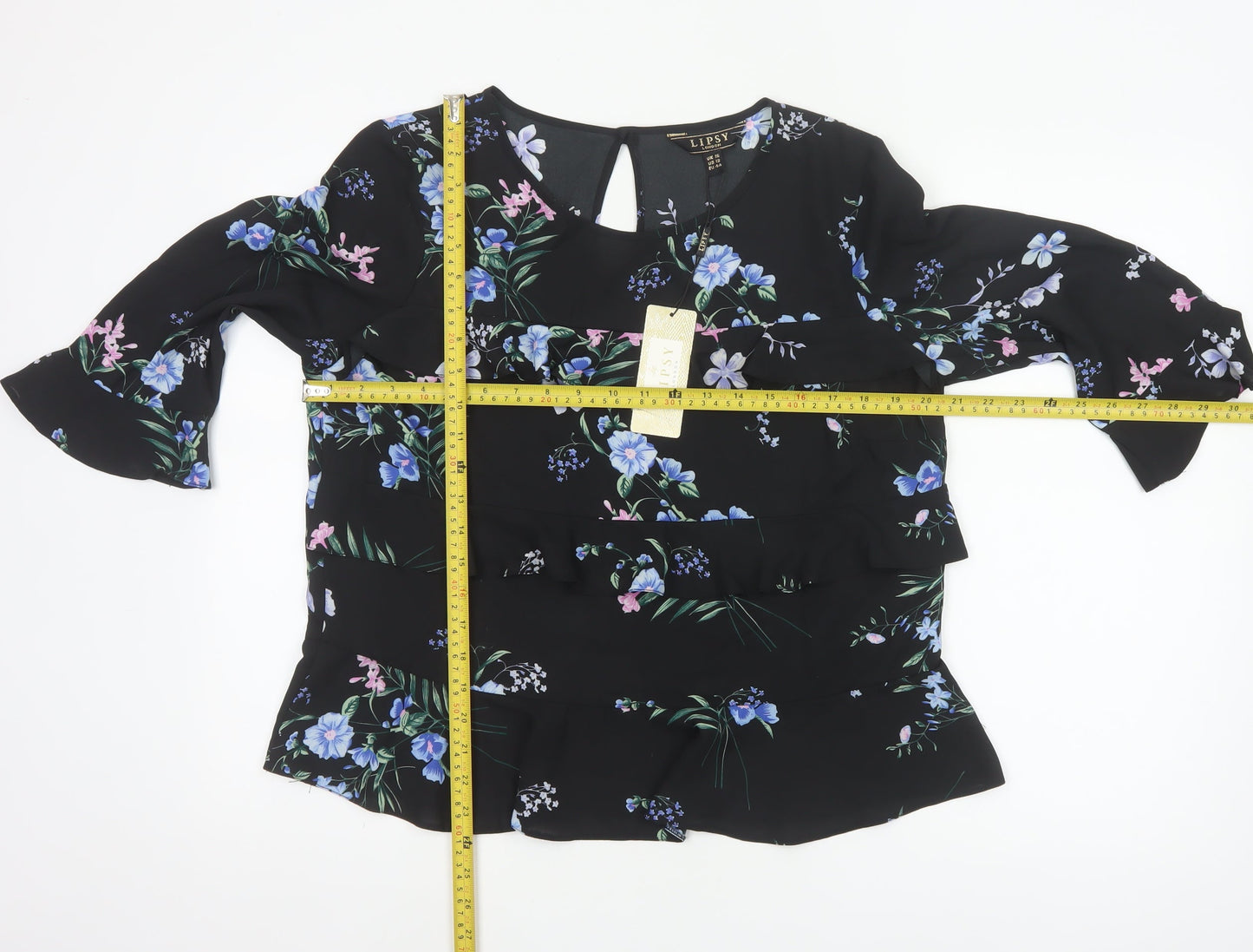 Lipsy Womens Black Floral Ruffle Tunic Blouse UK 16