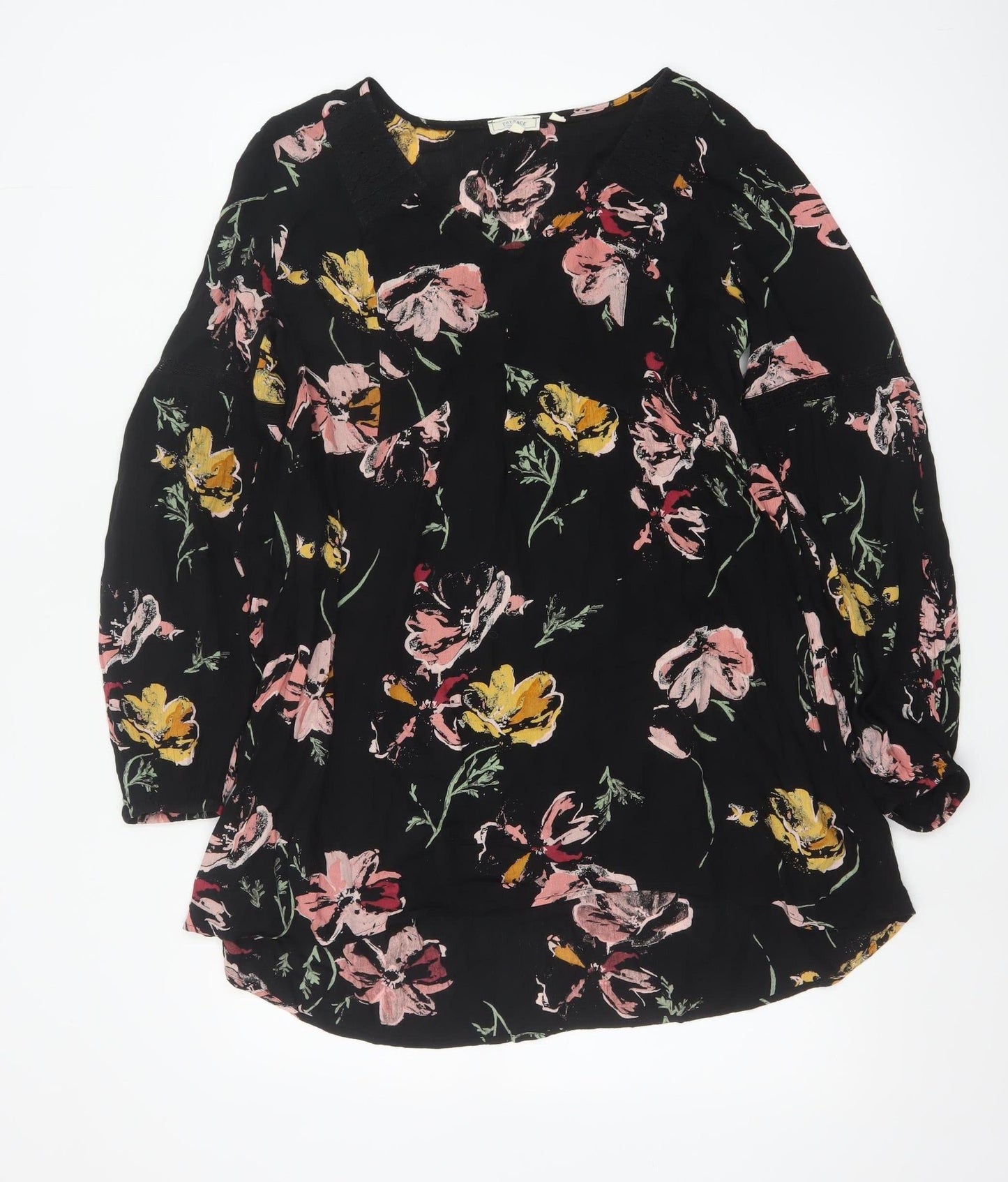 Fat Face Womens Black Floral Tunic Blouse Size 12 Viscose Long Sleeve