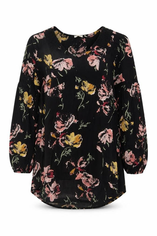 FatFace Womens Black Floral Tunic Blouse Size 12 Viscose Long Sleeve
