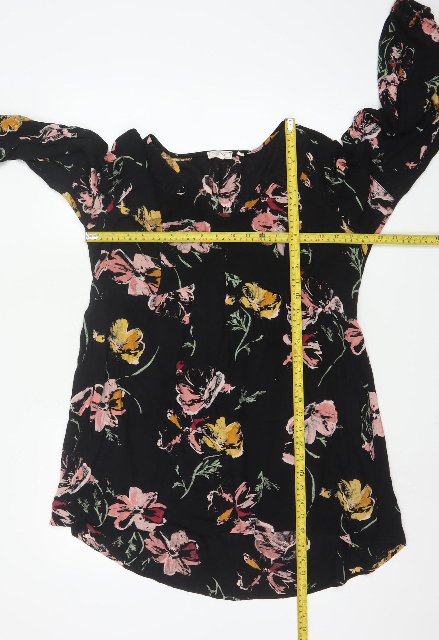 Fat Face Womens Black Floral Tunic Blouse Size 12 Viscose Long Sleeve