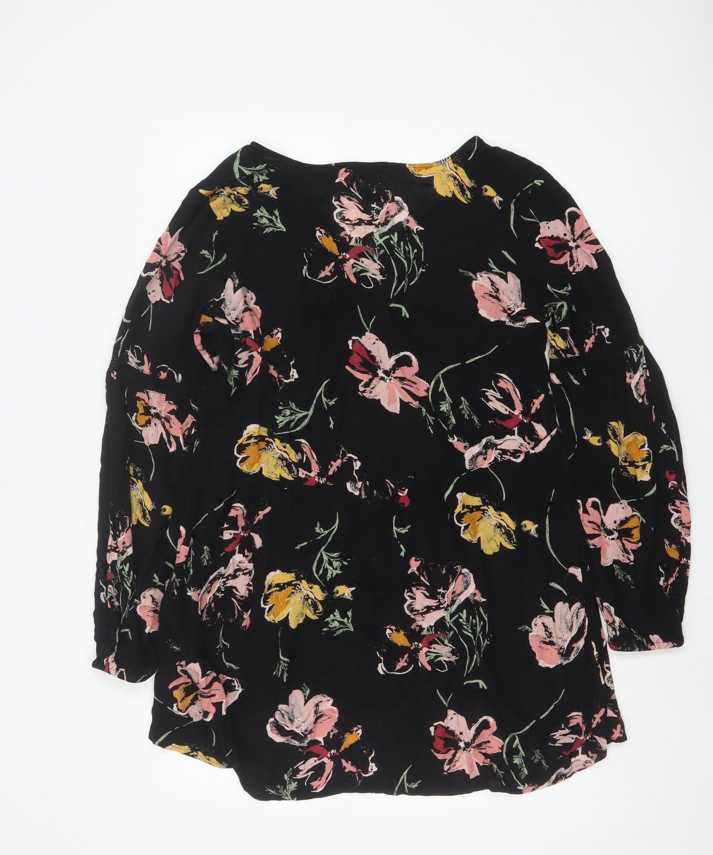 Fat Face Womens Black Floral Tunic Blouse Size 12 Viscose Long Sleeve