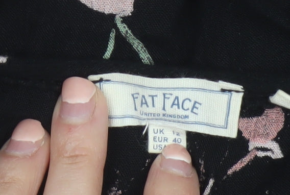 Fat Face Womens Black Floral Tunic Blouse Size 12 Viscose Long Sleeve