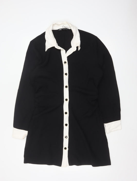 Zara Women Black White Collared Long Sleeve Shirt Dress Size 14