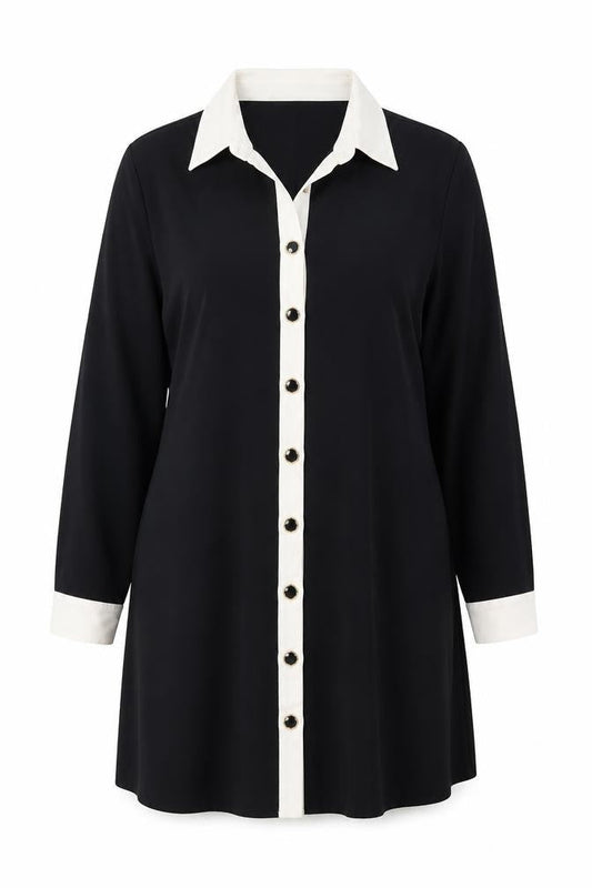 Zara Women Black White Collared Long Sleeve Shirt Dress Size 14