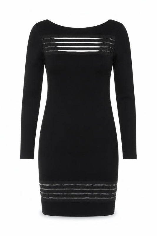 Lipsy Women Black Size 10 Bodycon Knit Dress with Sheer Striped Detail