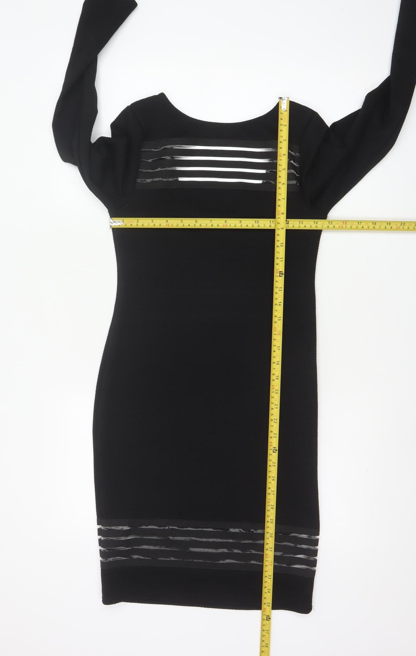 Lipsy Women Black Size 10 Bodycon Knit Dress with Sheer Striped Detail
