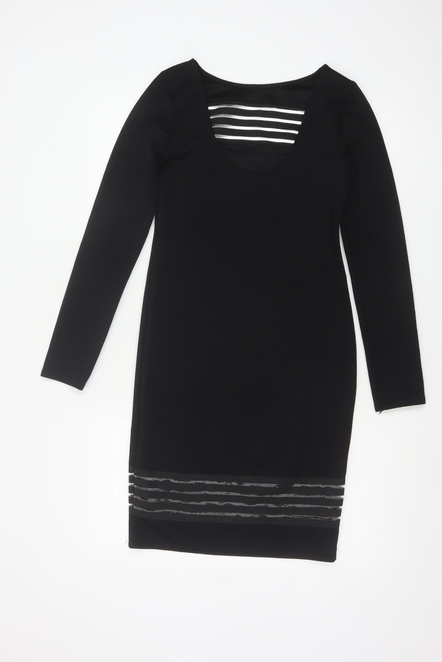 Lipsy Women Black Size 10 Bodycon Knit Dress with Sheer Striped Detail