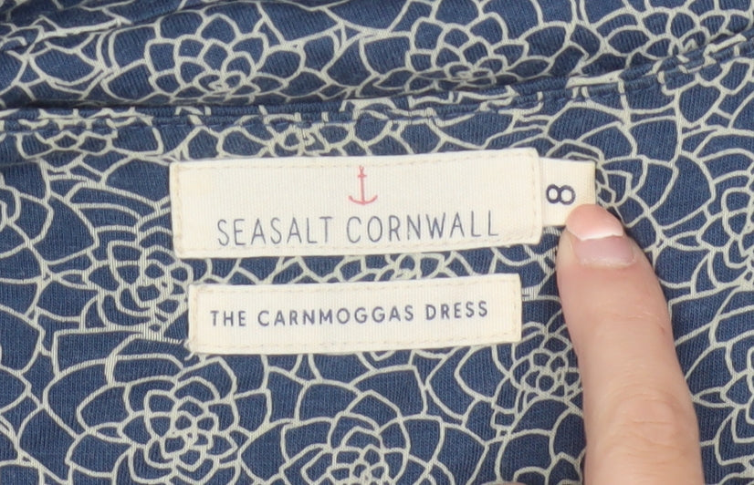 Seasalt Cornwall Womens Blue Floral A-Line Dress Size 8 Short Sleeve