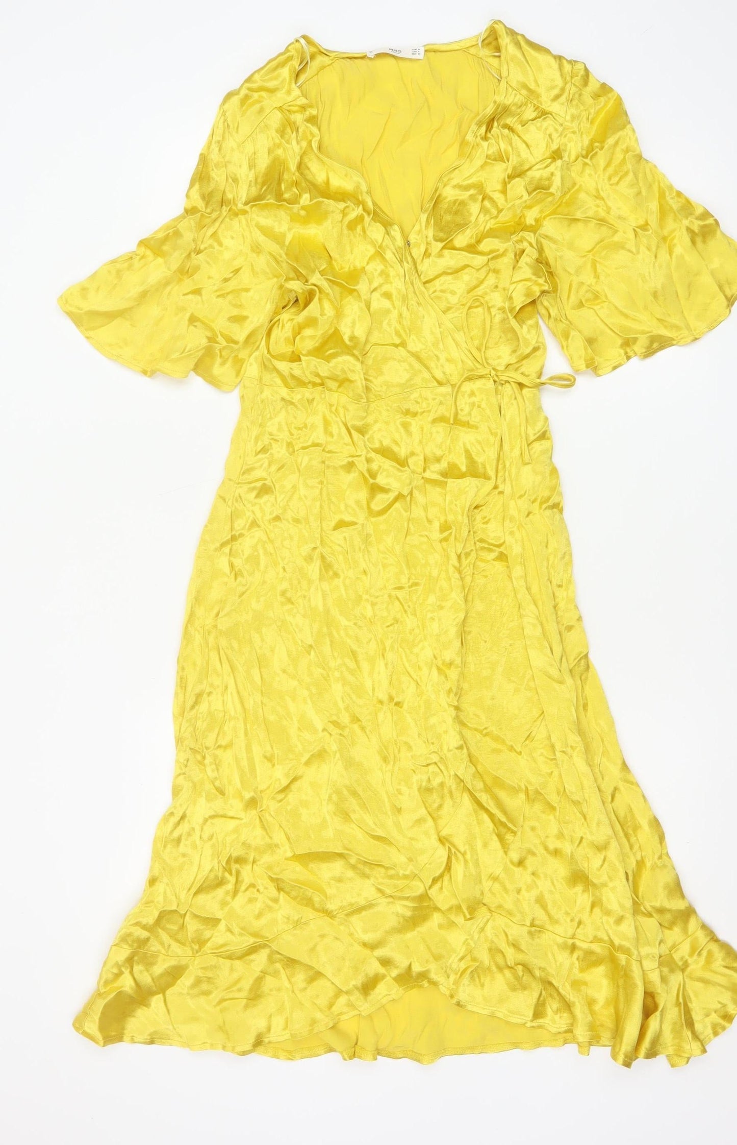 MNG Women’s Yellow V-Neck Flutter Sleeve Wrap Midi Dress Size 10