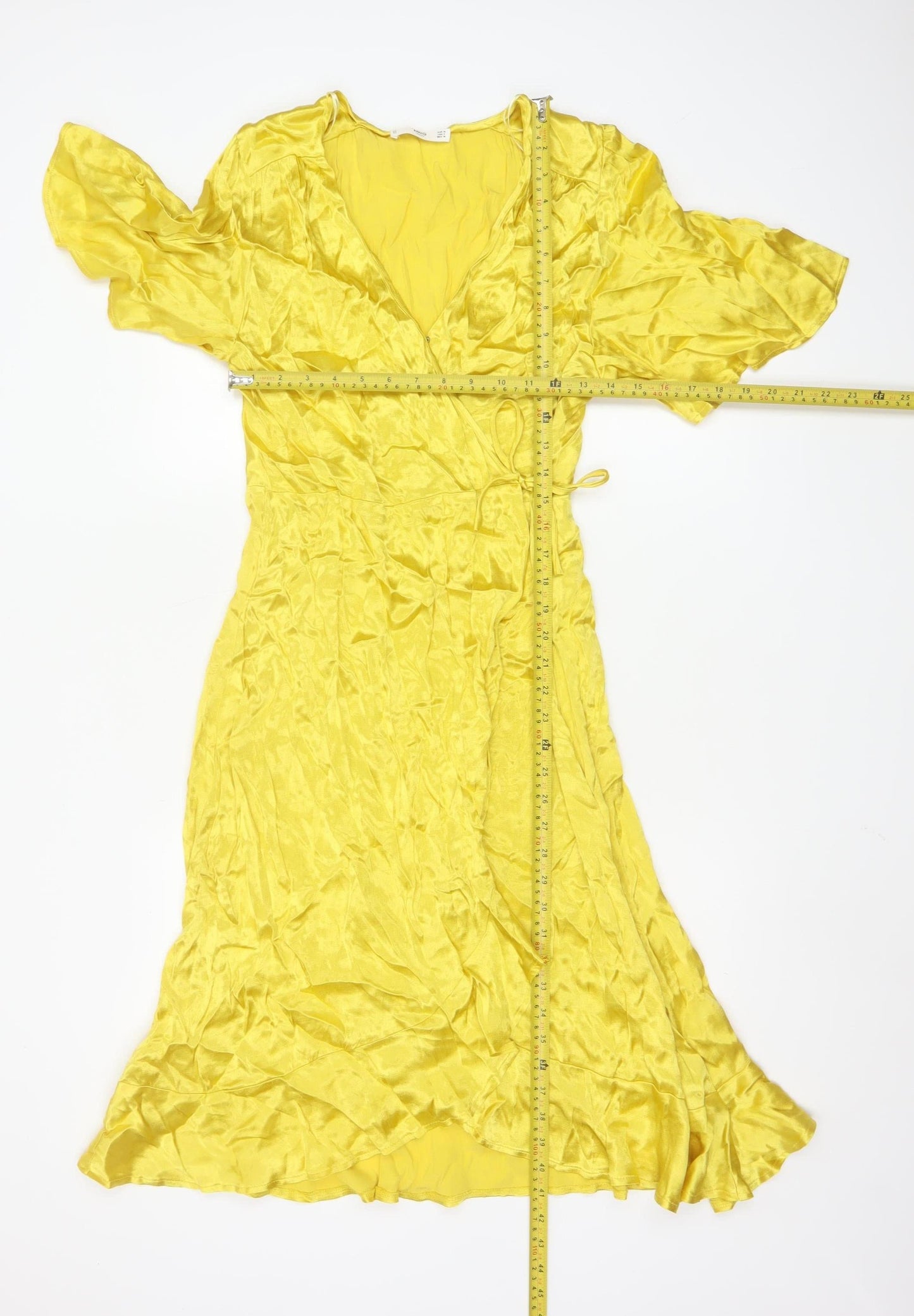 MNG Women’s Yellow V-Neck Flutter Sleeve Wrap Midi Dress Size 10