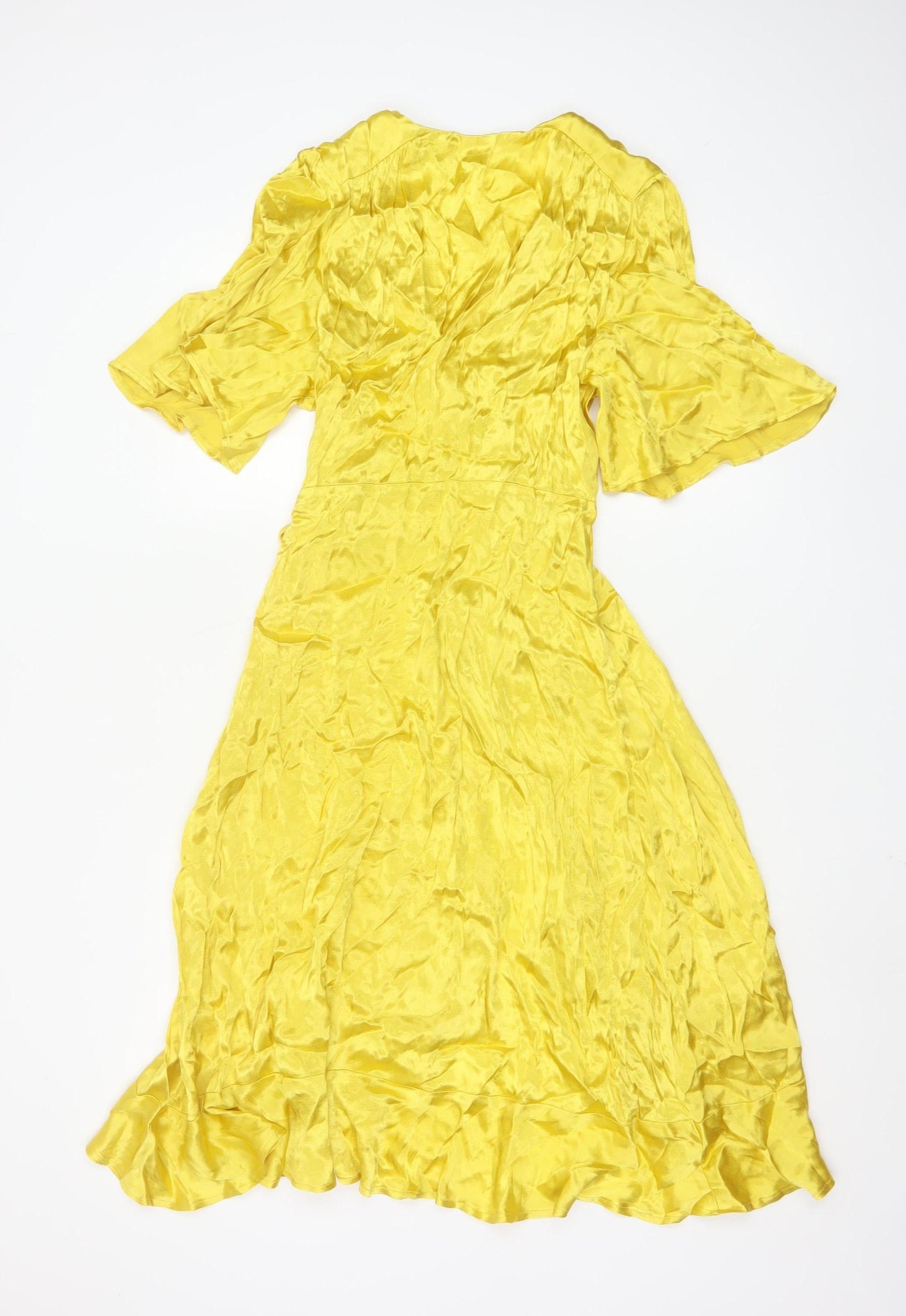 MNG Women’s Yellow V-Neck Flutter Sleeve Wrap Midi Dress Size 10