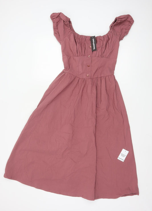 Boohoo Women Pink Midi A-Line Puff Sleeve Dress UK 10