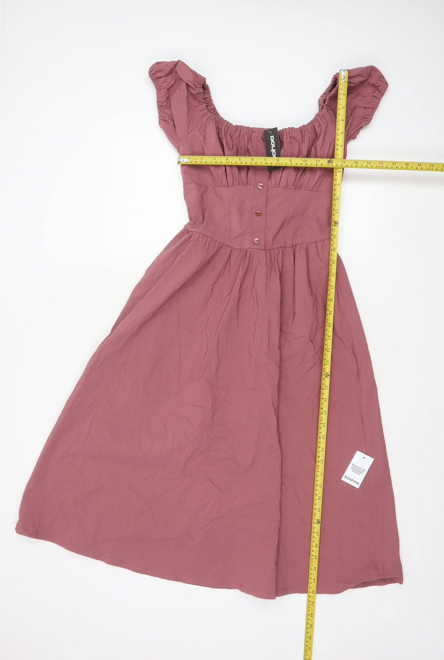 Boohoo Women Pink Midi A-Line Puff Sleeve Dress UK 10