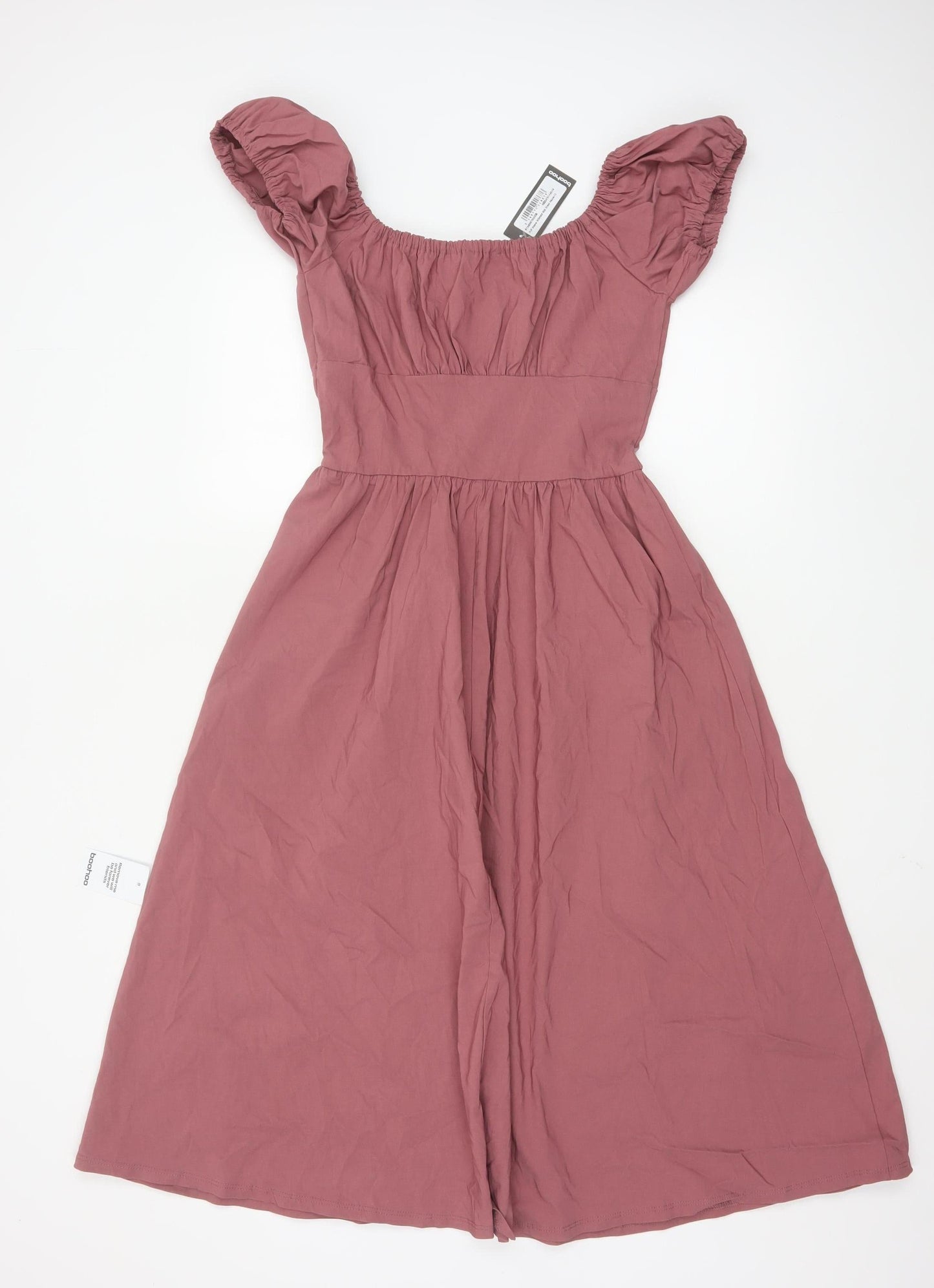 Boohoo Women Pink Midi A-Line Puff Sleeve Dress UK 10