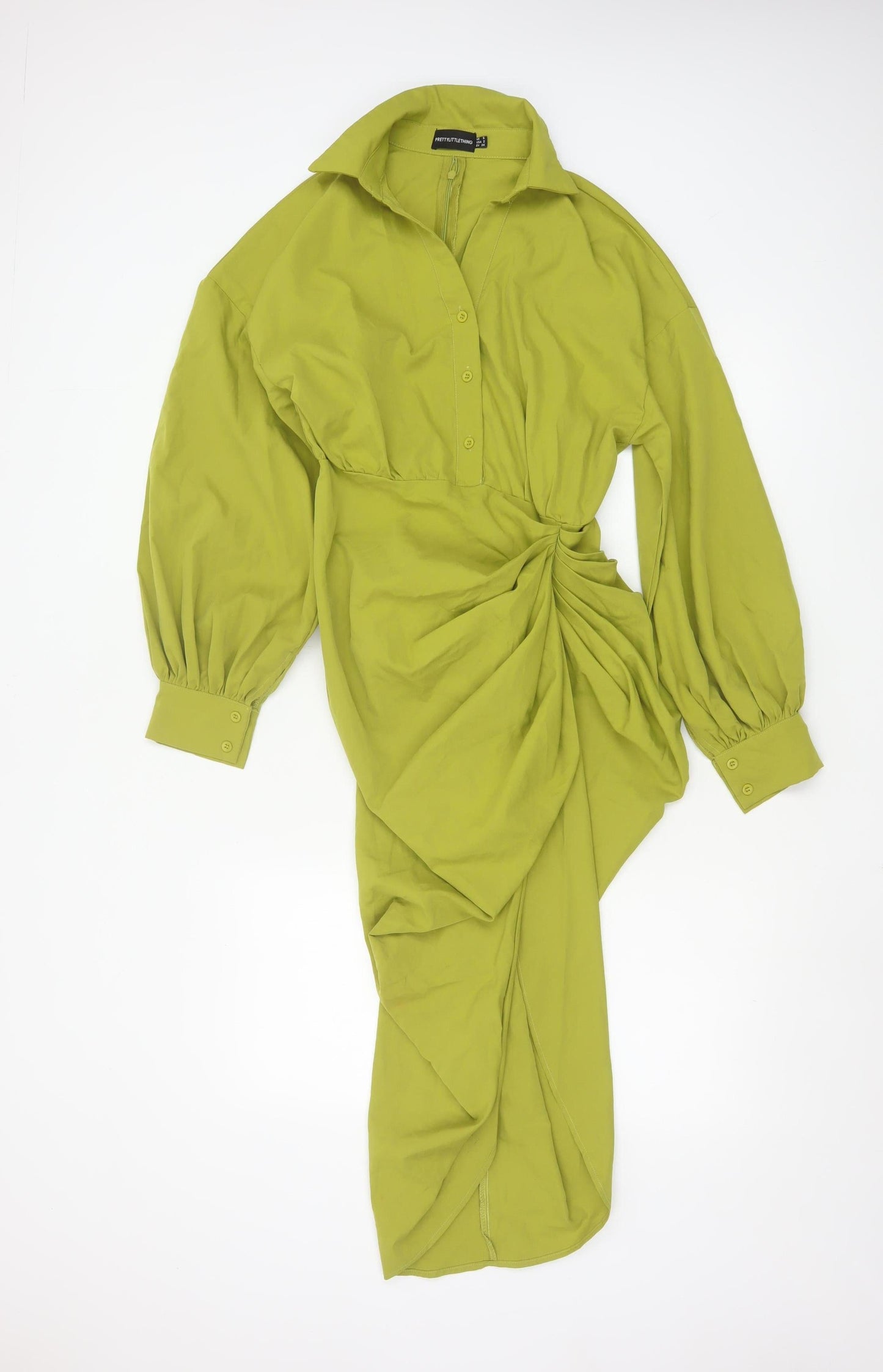 PrettyLittleThing Women’s Green Size 6 Collared Ruched Midi Shirt Dress