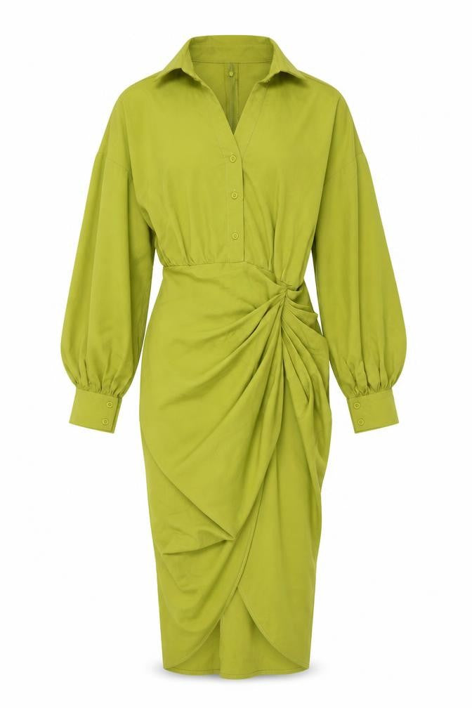 PRETTYLITTLETHING Women’s Green Size 6 Collared Ruched Midi Shirt Dress