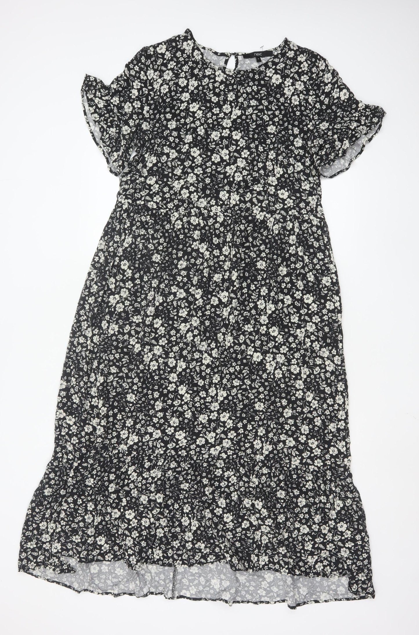 Next Women Black Floral Midi A-Line Dress Size 10 Short Sleeve