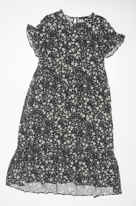 Next Women Black Floral Midi A-Line Dress Size 10 Short Sleeve