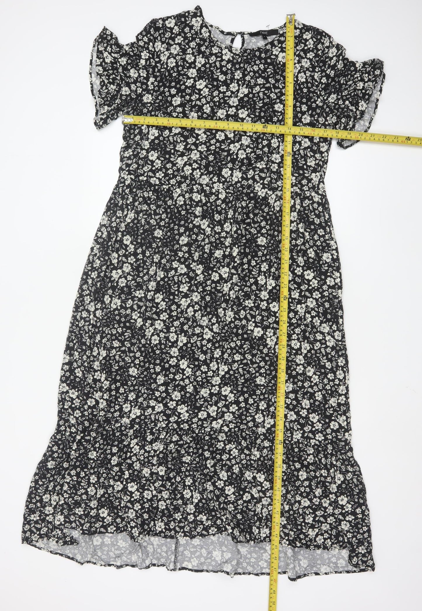 Next Women Black Floral Midi A-Line Dress Size 10 Short Sleeve