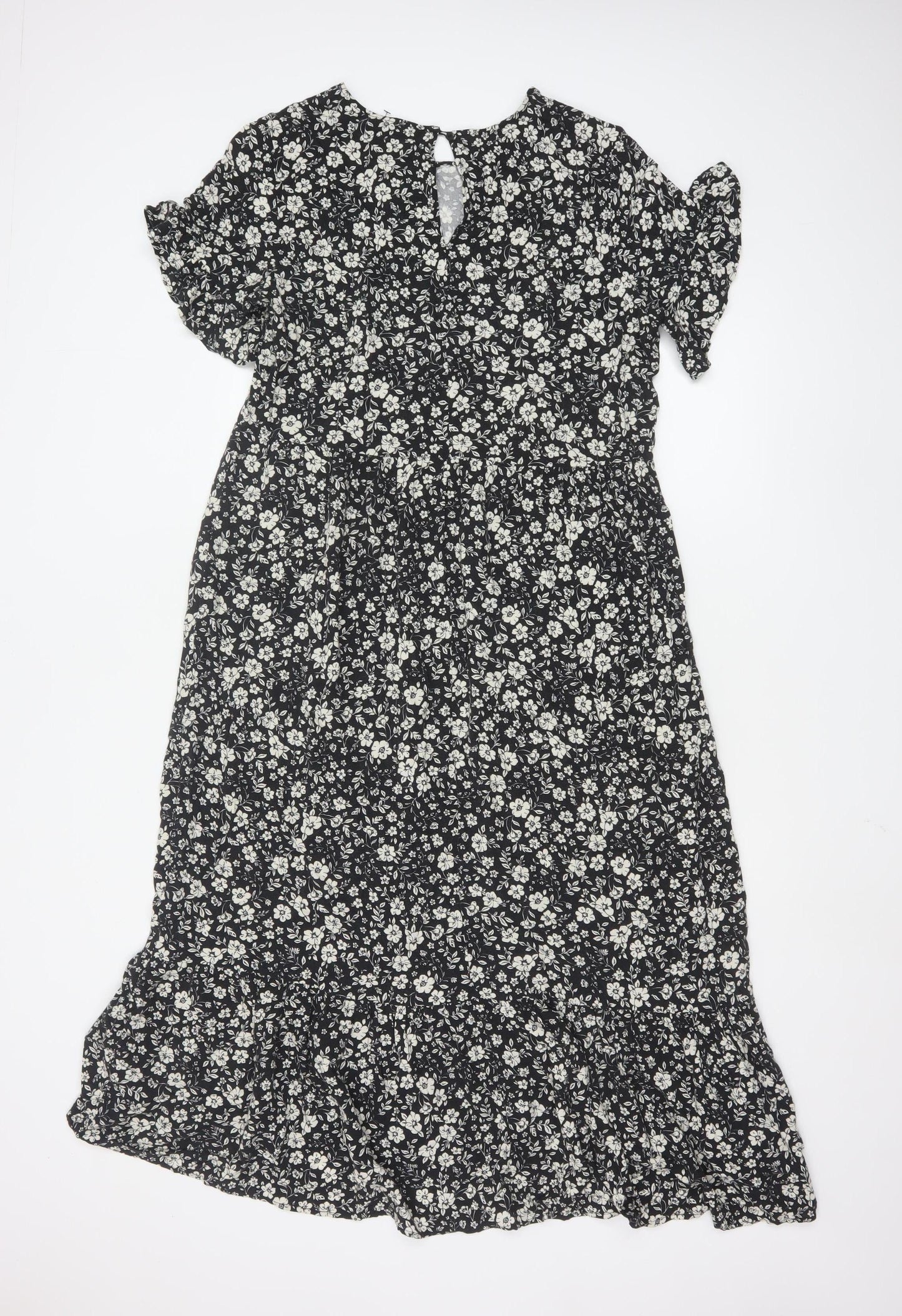 Next Women Black Floral Midi A-Line Dress Size 10 Short Sleeve