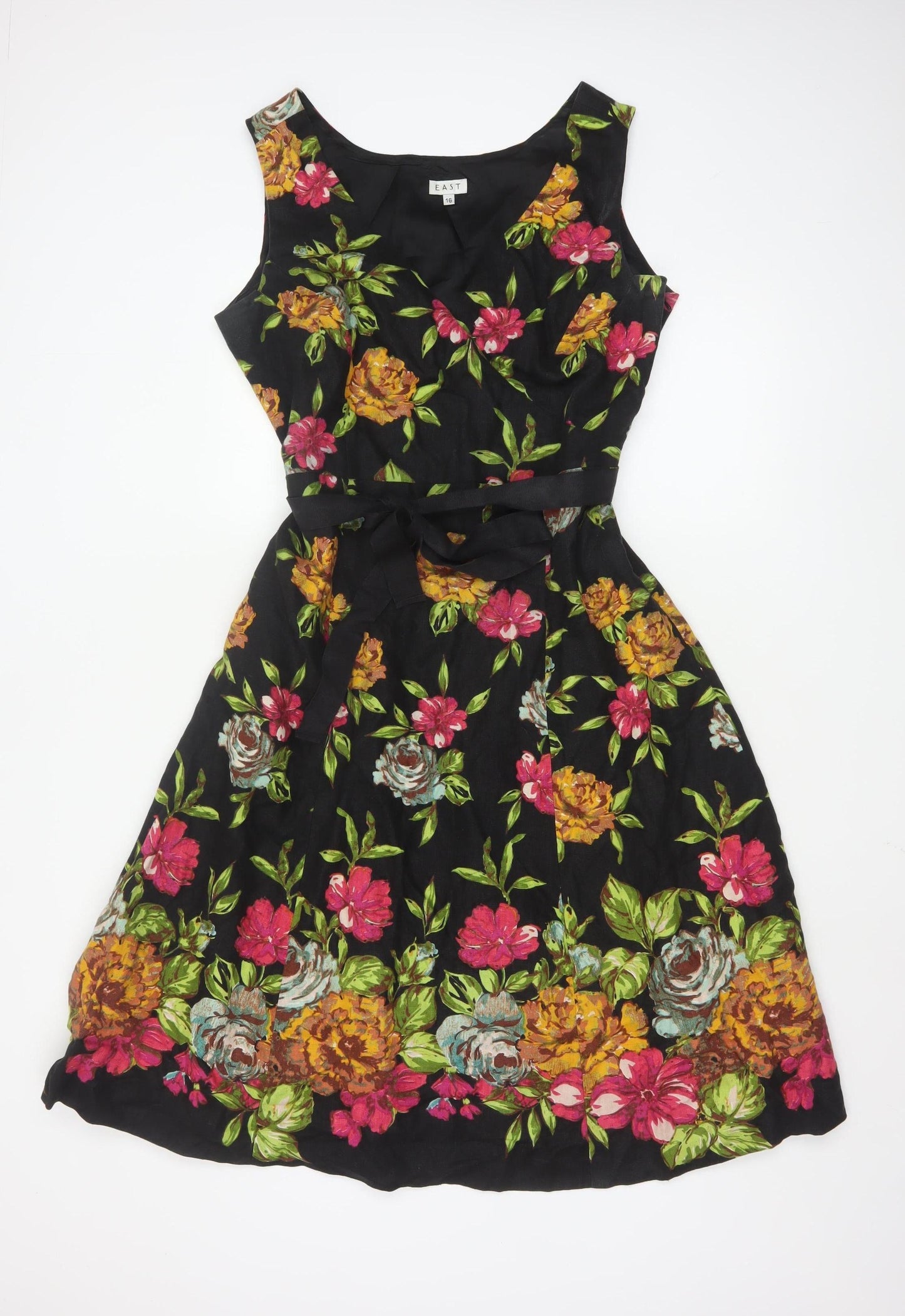 East Women Black Floral Linen Fit & Flare Dress Size 16
