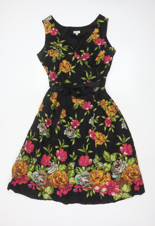 East Women Black Floral Linen Fit & Flare Dress Size 16