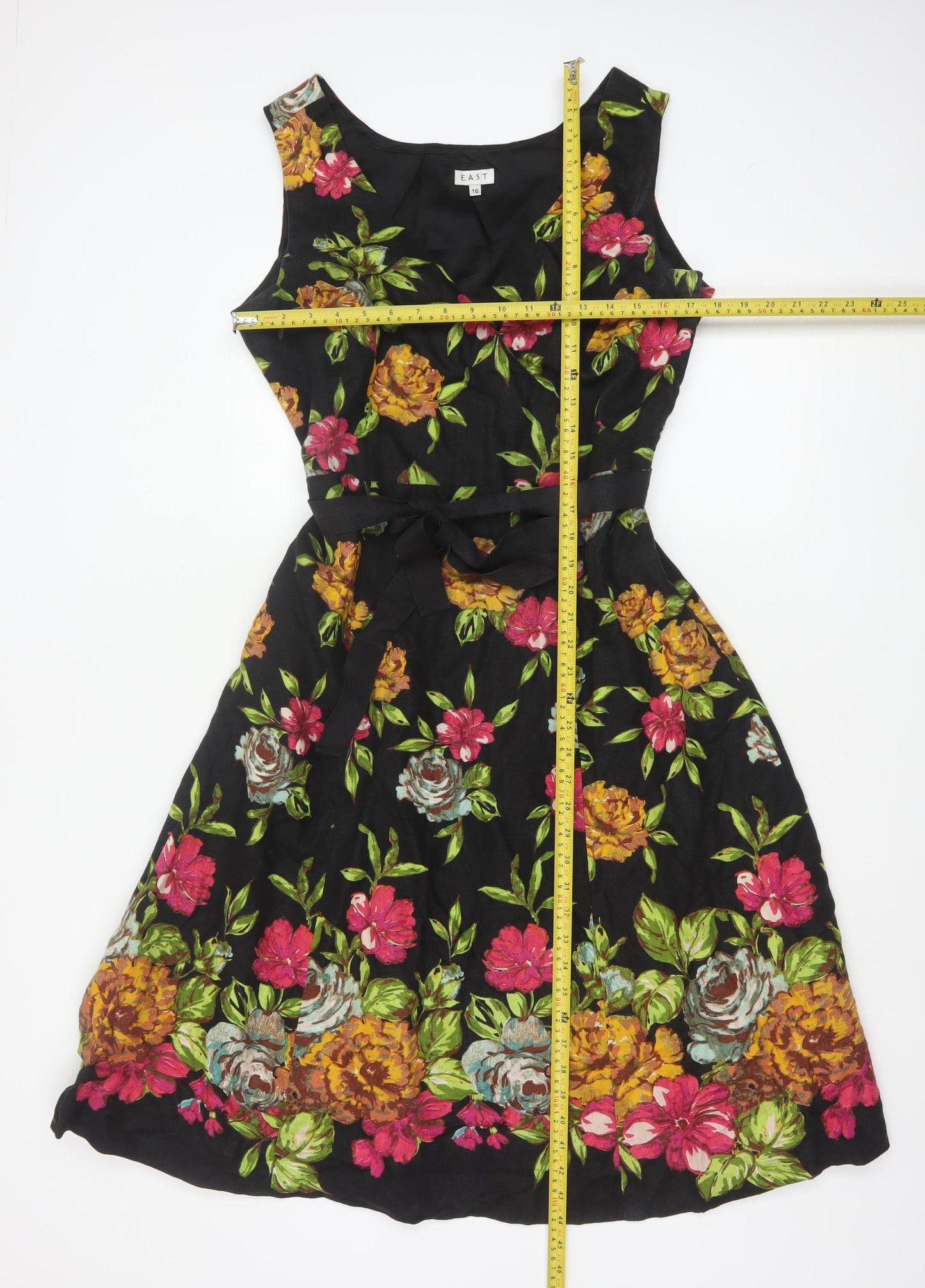 East Women Black Floral Linen Fit & Flare Dress Size 16