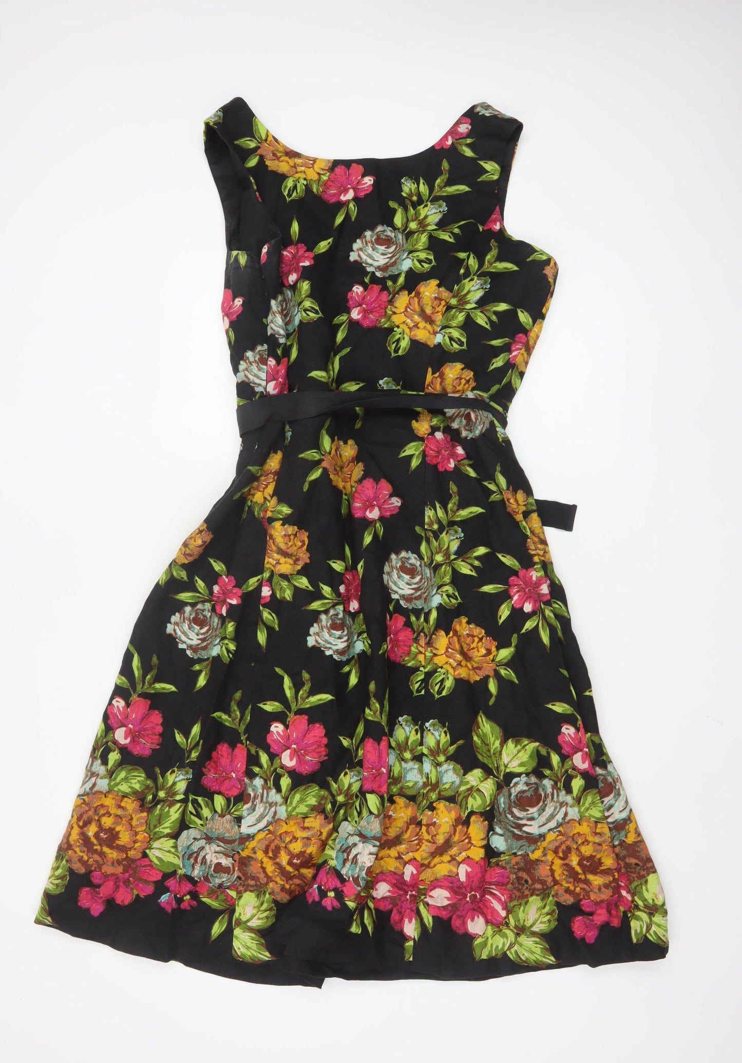 East Women Black Floral Linen Fit & Flare Dress Size 16
