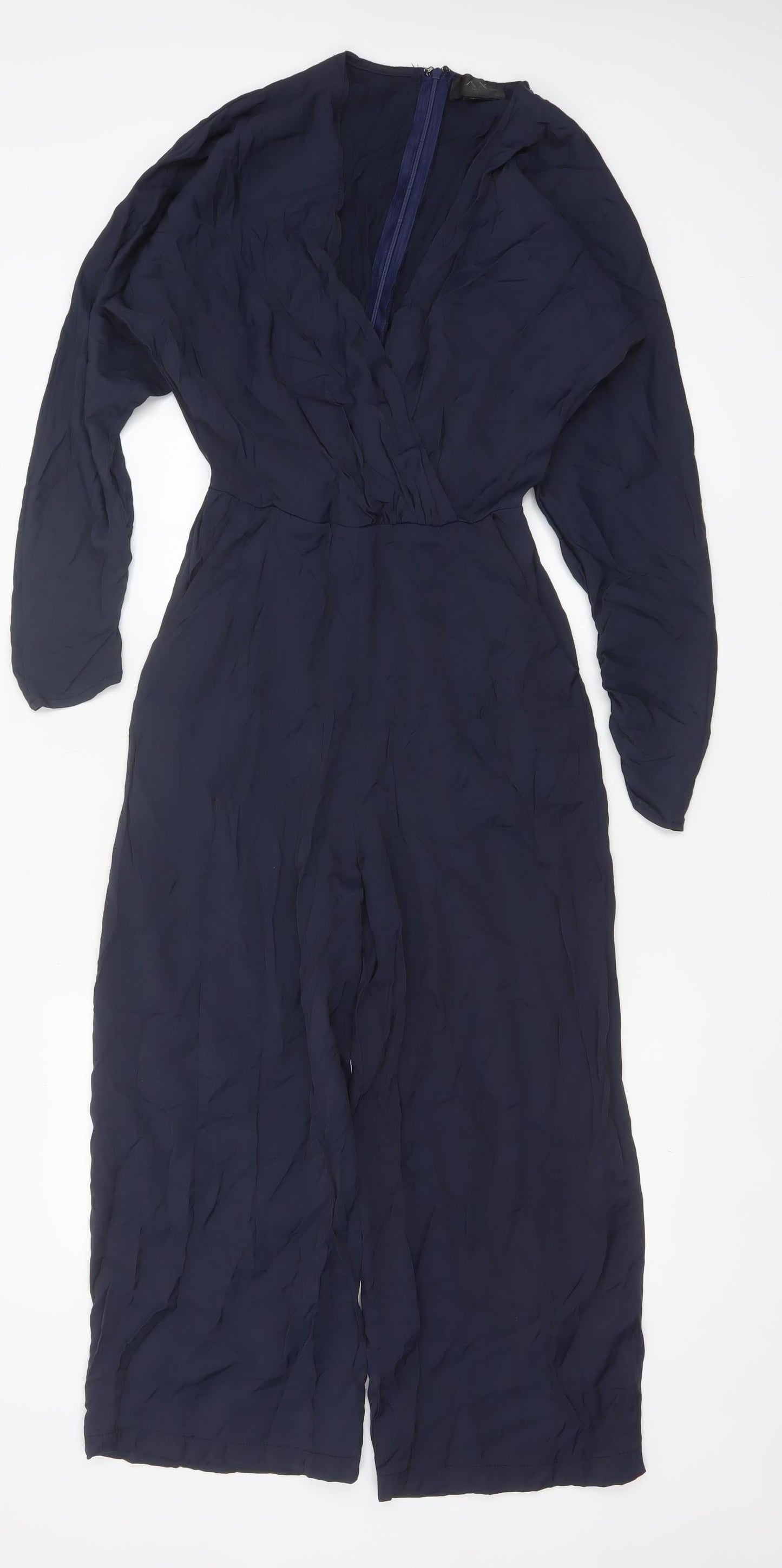 AX Paris Women's Navy Blue Long Sleeve V-Neck Wide Leg Jumpsuit Size 10