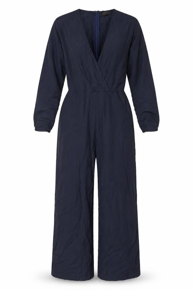 AX Paris Women's Navy Blue Long Sleeve V-Neck Wide Leg Jumpsuit Size 10